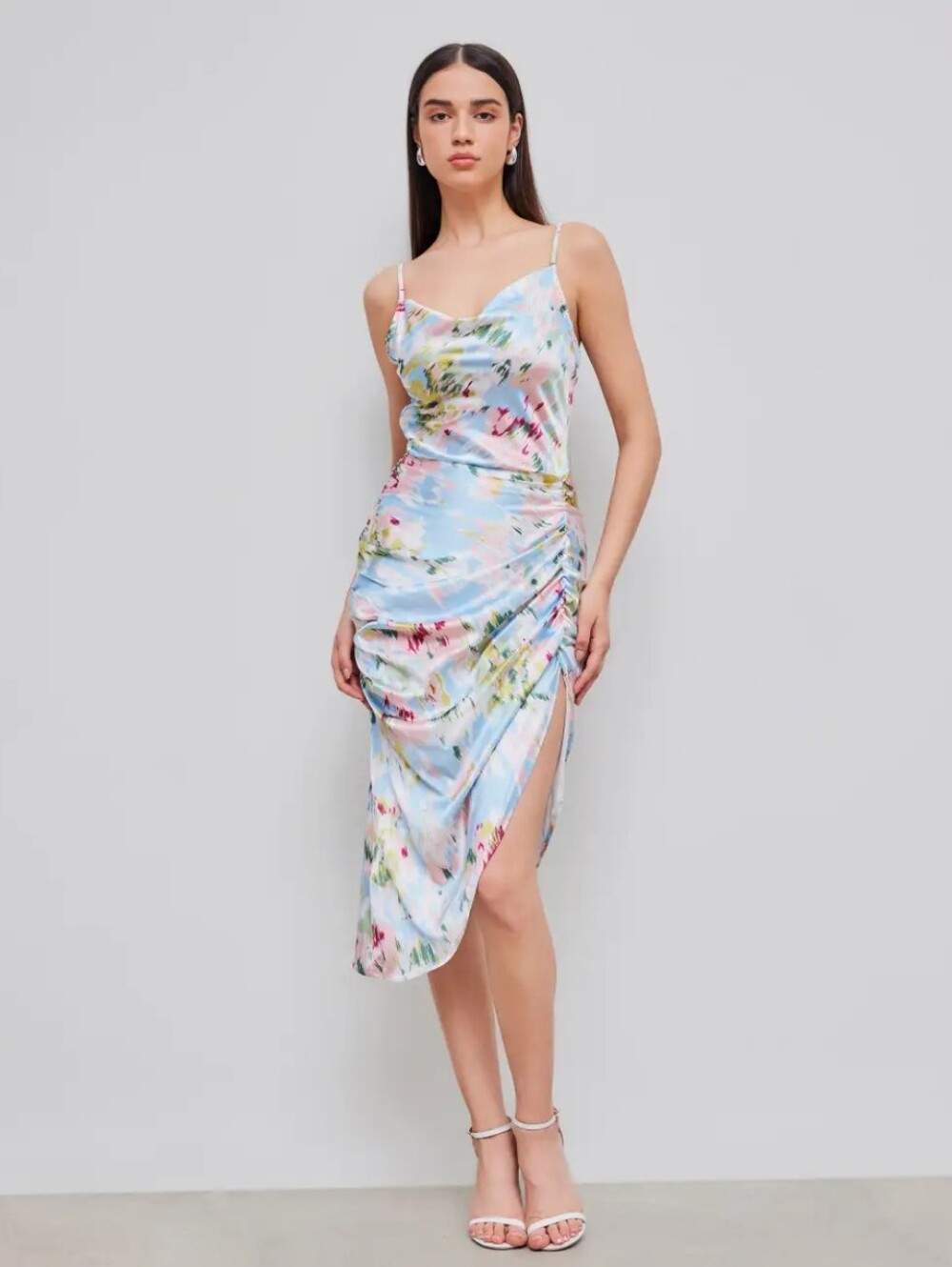 Rouched Floral Satin Midi